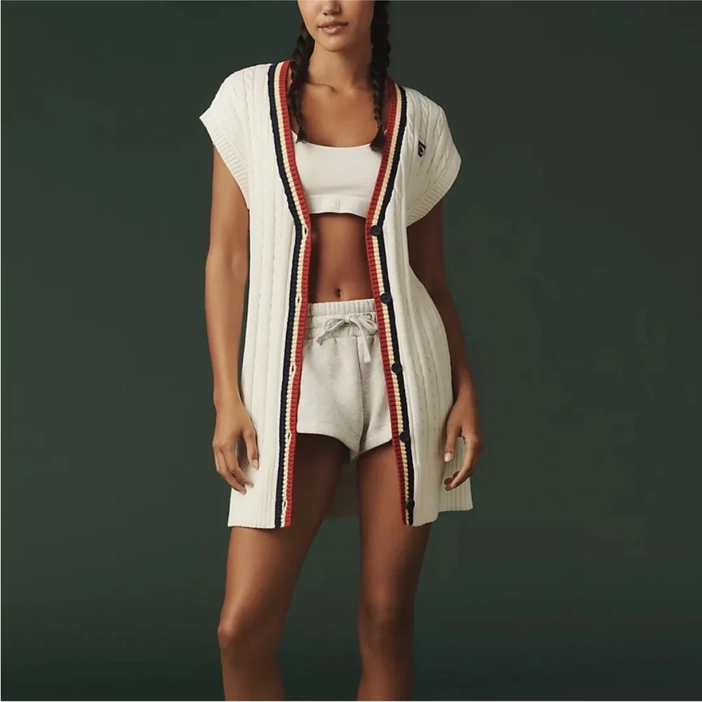 NWT Tretorn x Anthropologie Longline Short Sleeve Cardigan White Womens M Preppy - Picture 2 of 11